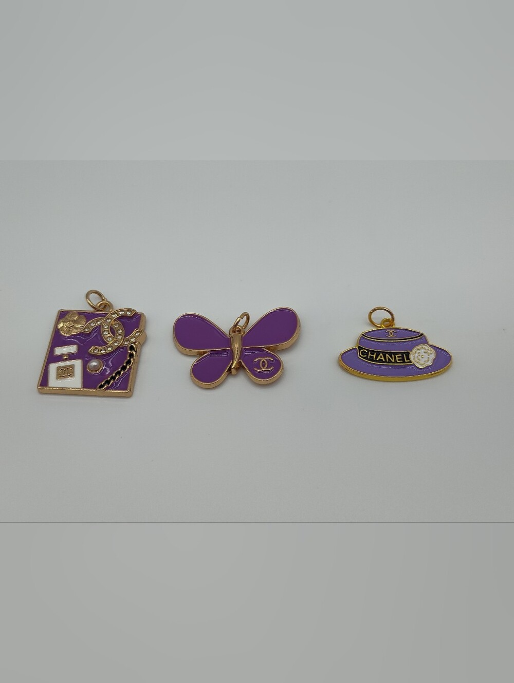 CHANEL Purple Enamel Zipper Pull Charm Trio Butterfly Hat Perfume Bottle EUC